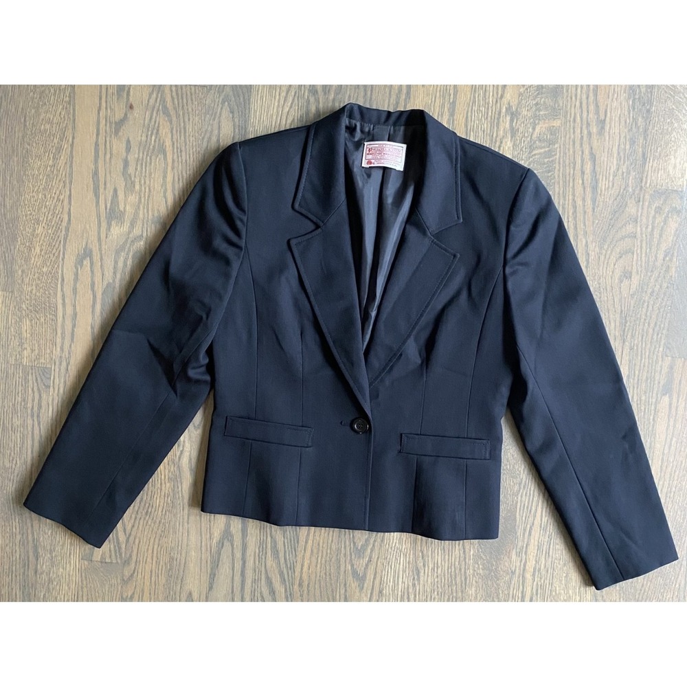 Pendleton Petite Black 100% Virgin Wool Single Button Blazer Size 4 Vintage USA